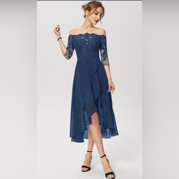 JJs House Navy Off-Shoulder High-Low Dress - Picture 1 of 10